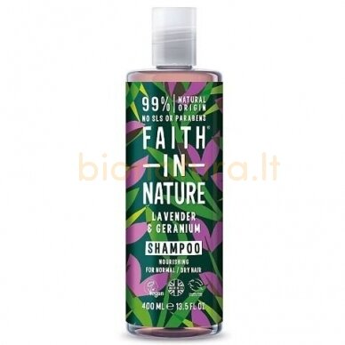 Faith in Nature Levandų ir pelargonijų šampūnas normaliems ir sausiems plaukams 400 ml